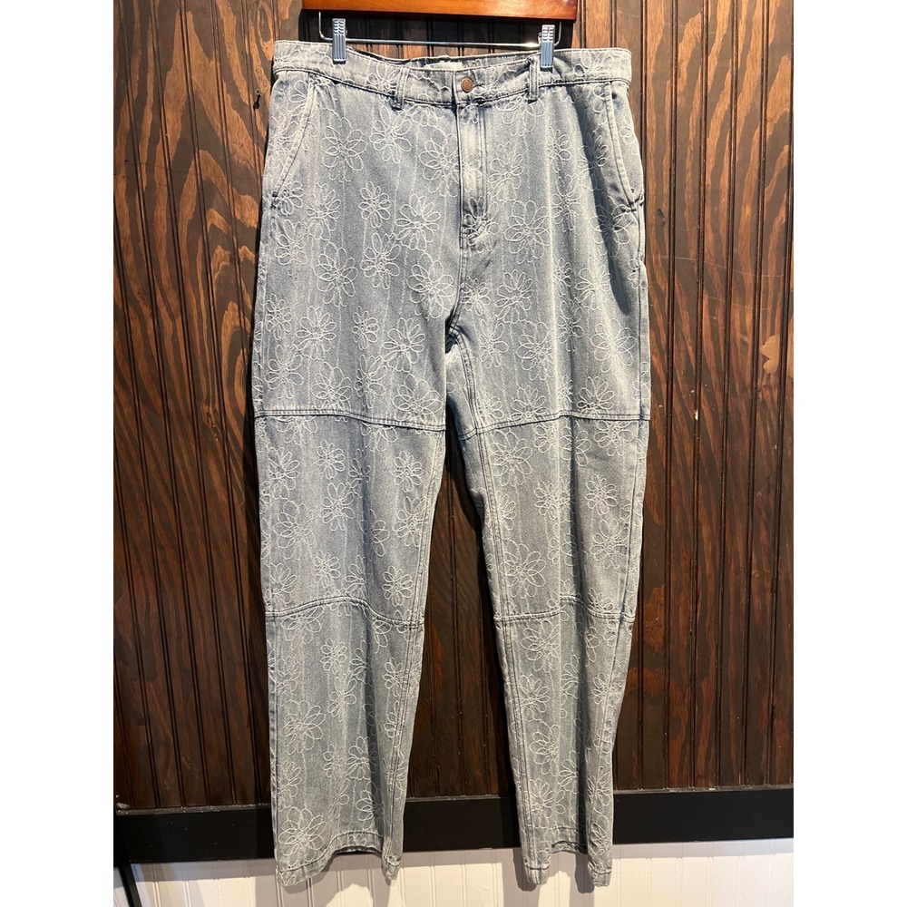 Honor The Gift Mens 38 Floral Embroidered Denim Pants Light Wash Blue HTG Pants